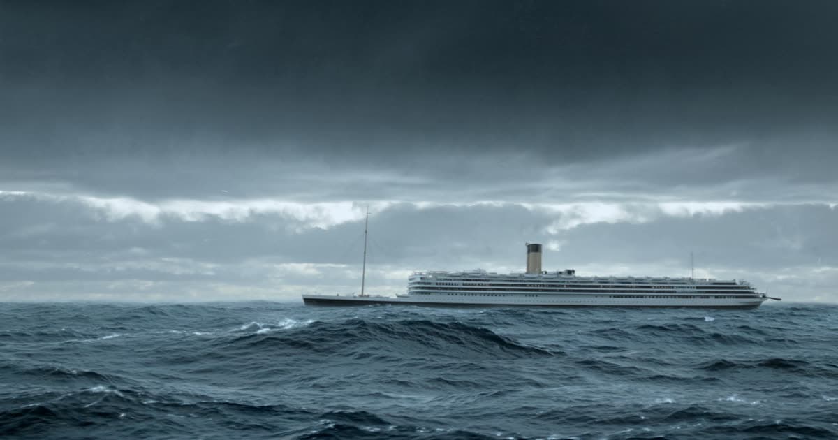 A Cunard style ocean liner crossing open water under a grey Atlantic sky