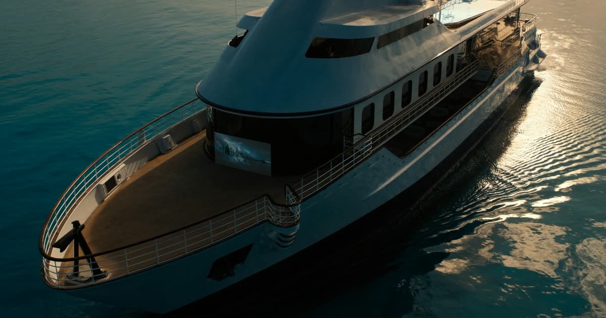 A small luxury cruise ship at anchor in calm water at dusk