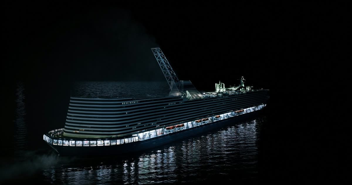A cruise ship at night lit against a dark sea