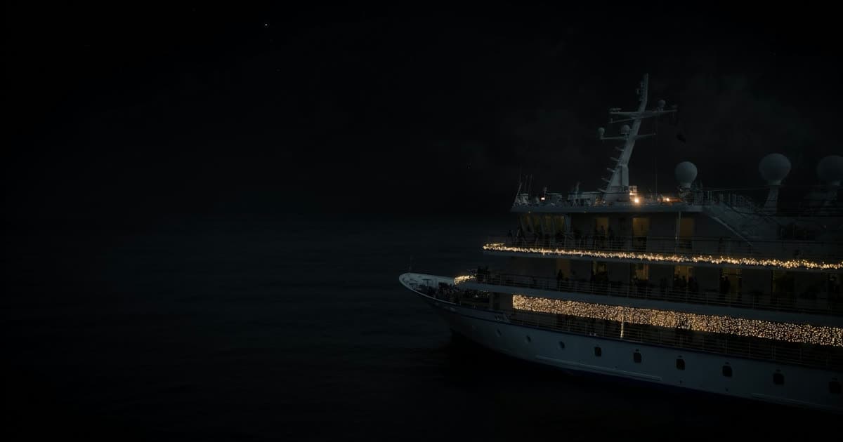 A cruise ship at night with festive lighting along its decks