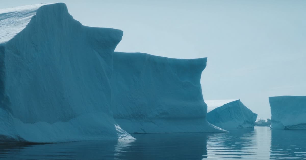 A small expedition ship among Antarctic icebergs under pale polar light