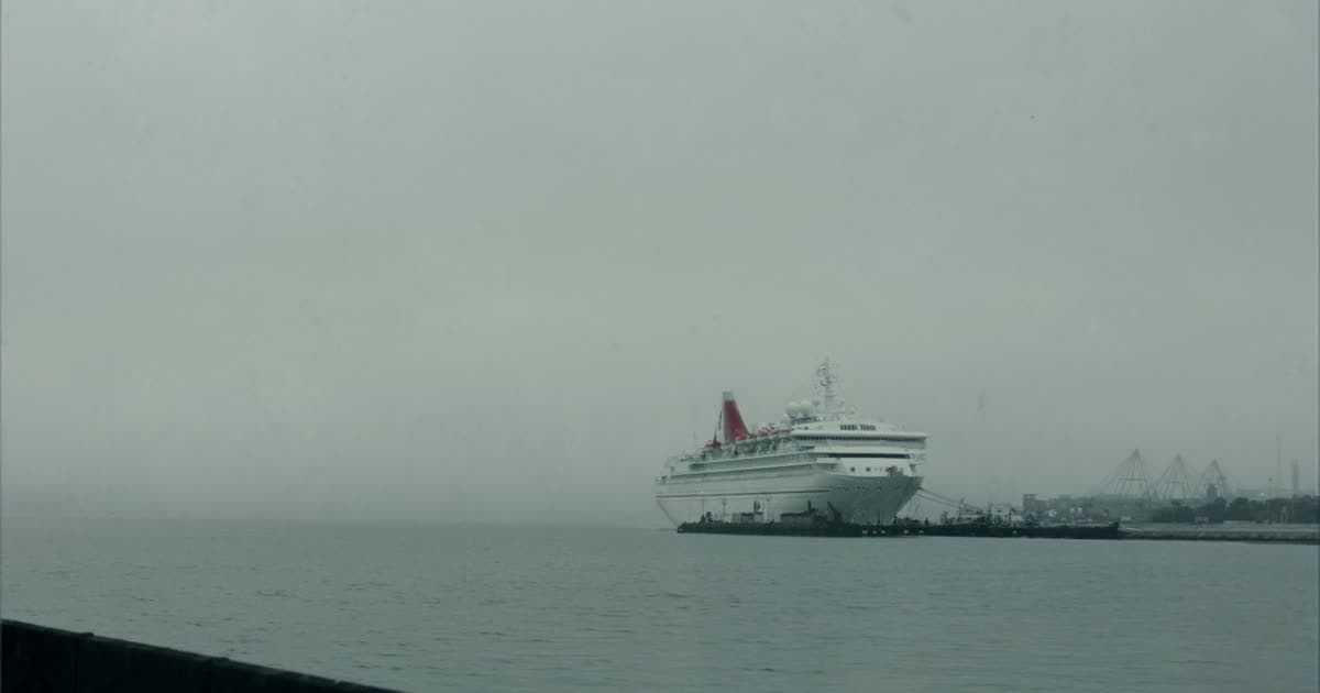 Cruise ships at a Texas Gulf coast terminal with low morning haze