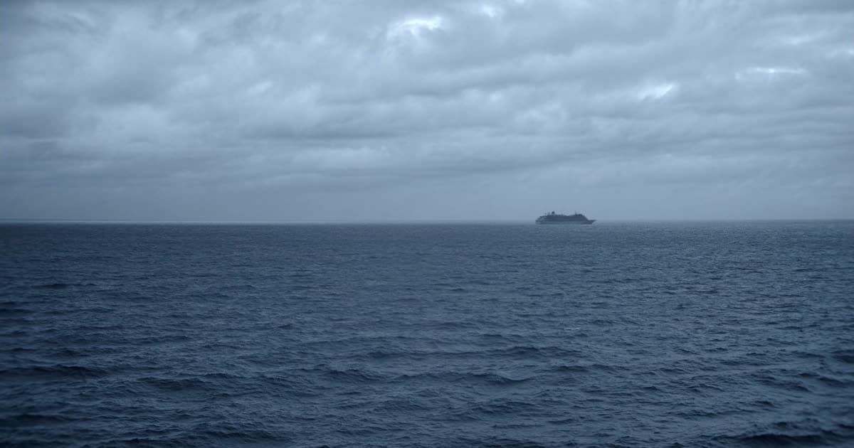 A cruise ship with a helicopter overhead at sea